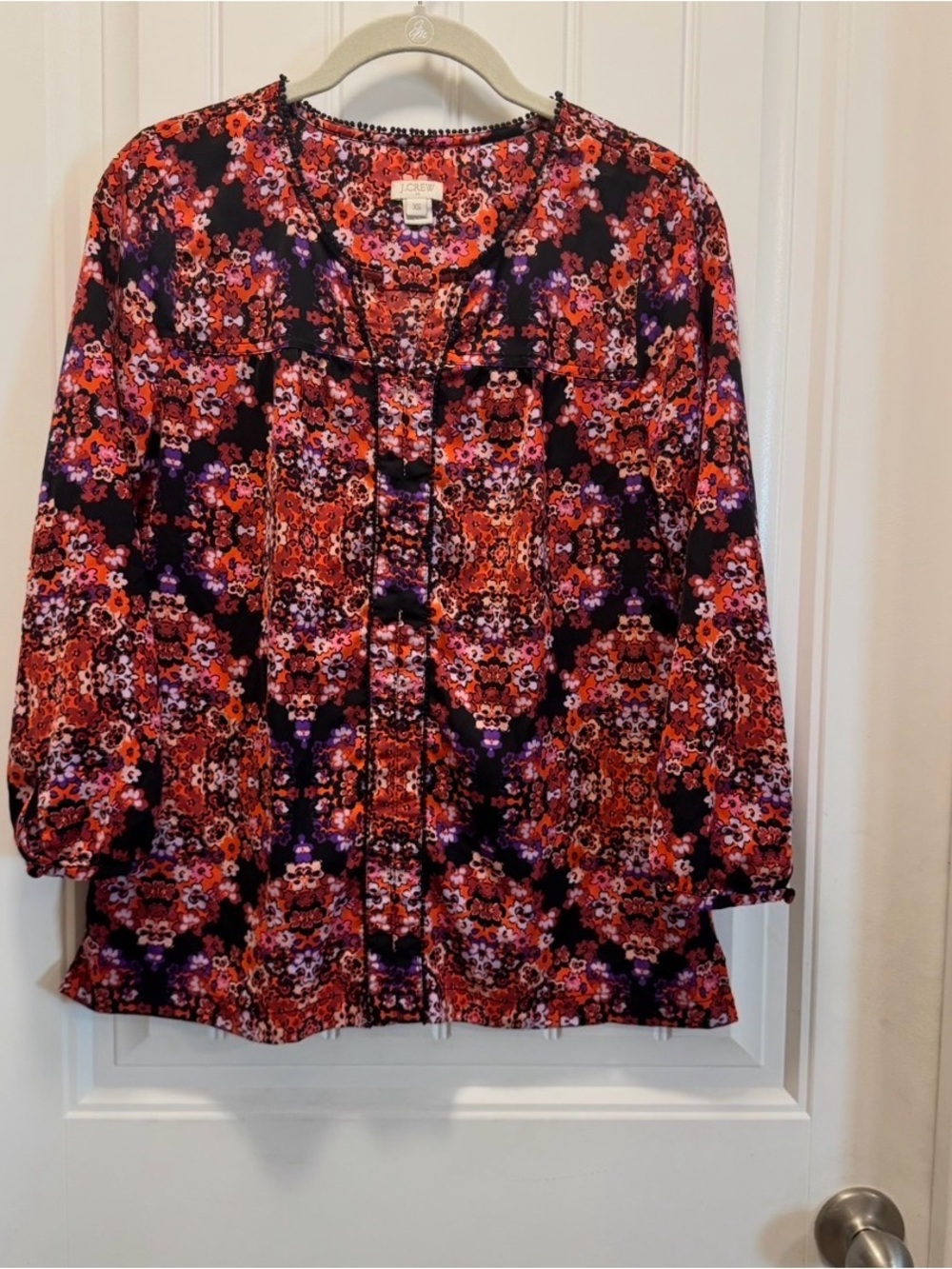 J. Crew Red, Purple and Black Floral Tie-Neck Blouse